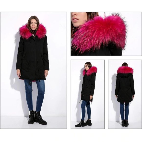 NEW POMKIN ROSE PINK FOX FUR BLACK WINTER COAT PARKA SIZE S SMALL 0/2 - Picture 3 of 12